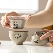 草木灰卡通熊猫旅行茶具 一壶两杯便携式快客杯 商务礼品
