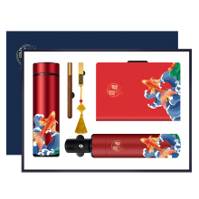 国潮锦鲤450ml温控杯+笔记本+木质笔+自动雨伞+16g优盘五件套 春节送客户什么礼品