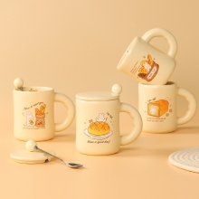马克杯带盖勺 可爱面包兔子陶瓷杯子 公司搞活动小礼品
